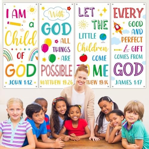 4PCS Church Banners with Scripture Religious Bible Verse Backdrops for Kids Chri