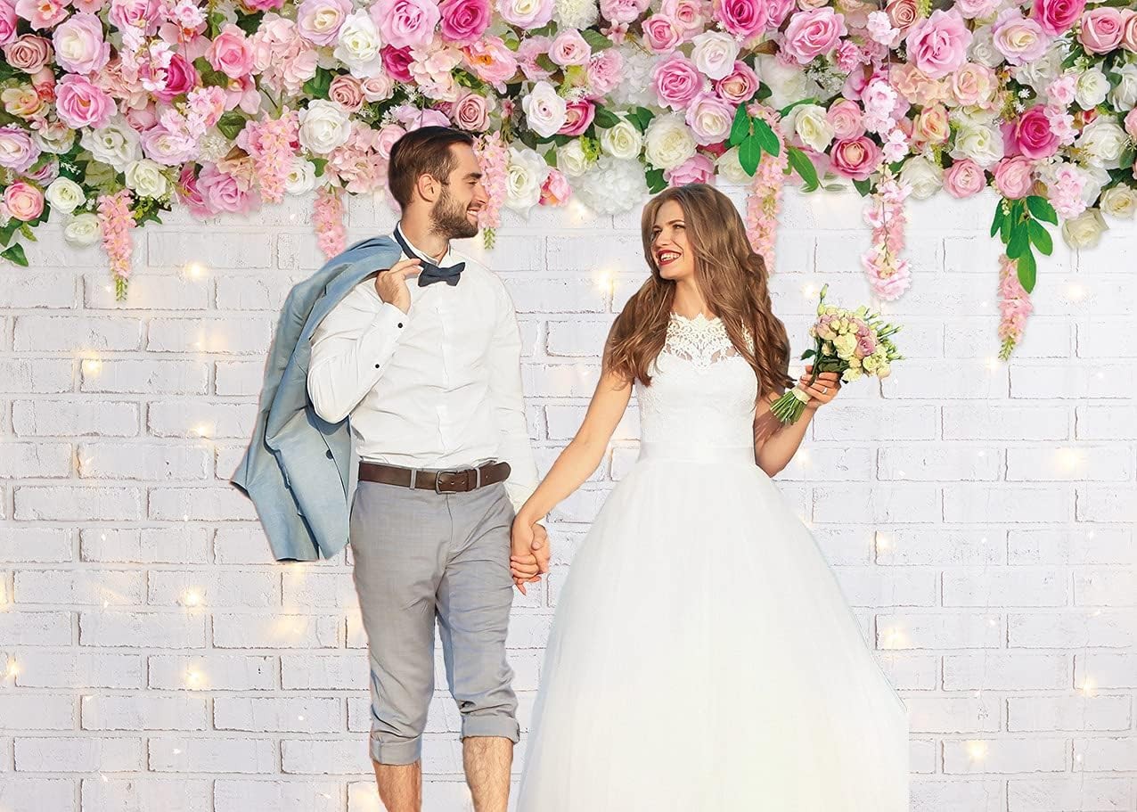 8x6FT Flower Wall Backdrop Glitter White Brick Spring Theme Photo Booth Prop