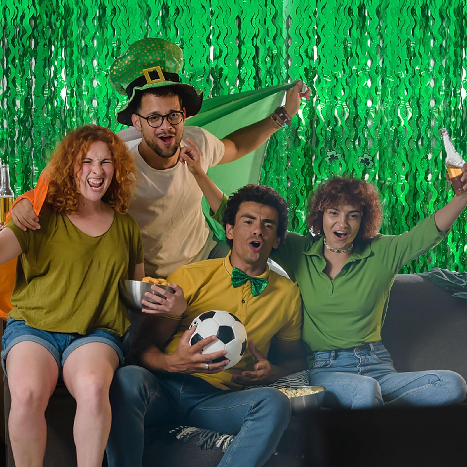 Green Tinsel Foil Fringe Curtains Wavy Backdrop for Party 2 Pack,
