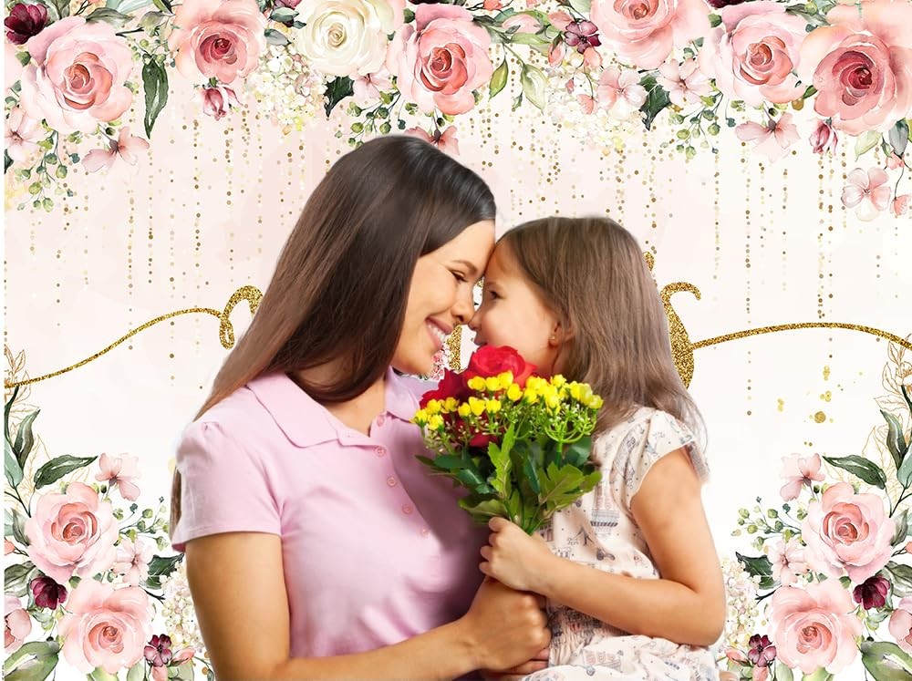 7x5ft Happy Mother’s Day Backdrop Pink Flowers Golden Mother’s Day Party Wall…