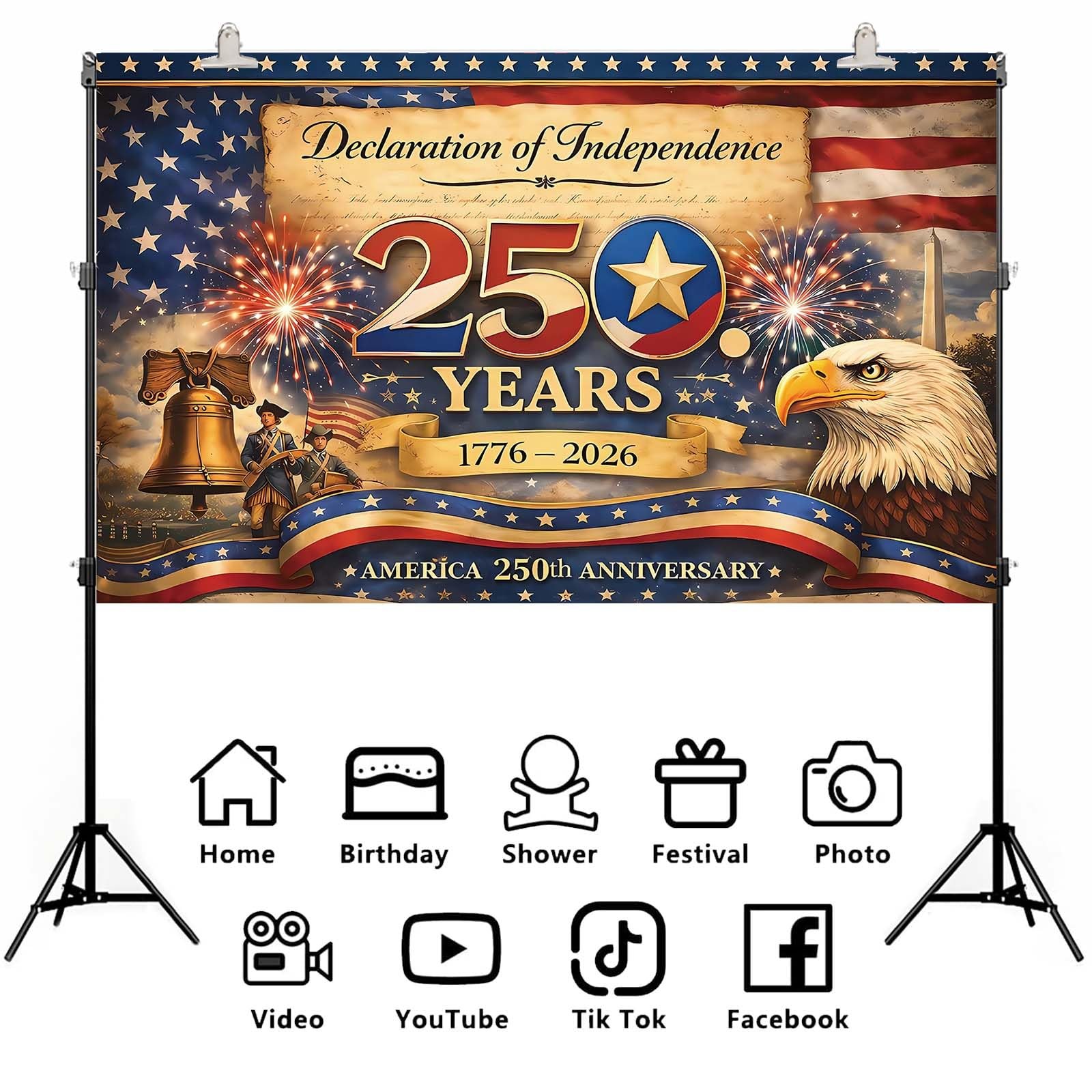 America 250 Anniversary Photo Backdrop Patriotic Banner 4th of July Colorful
