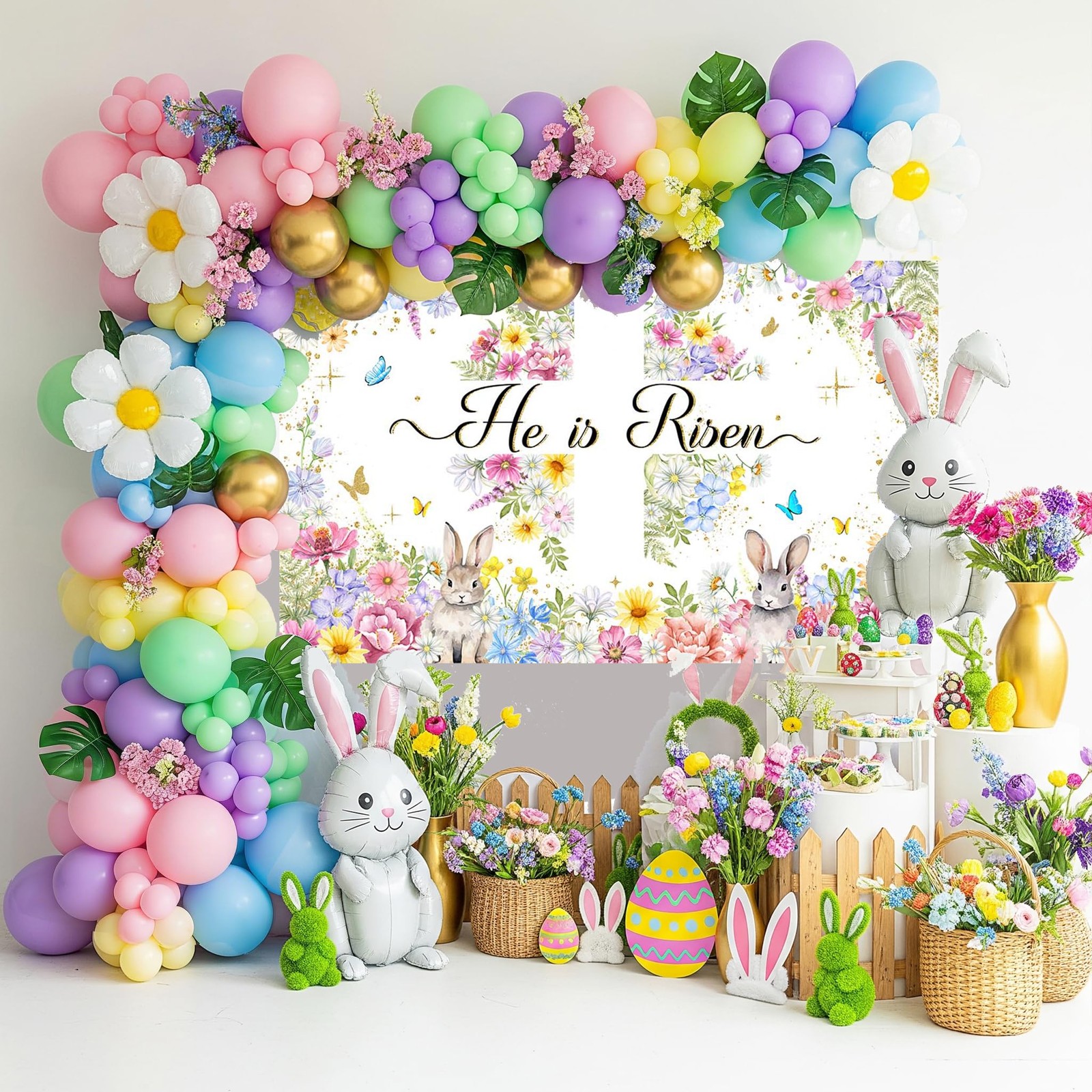Mocsicka Easter He is Risen Banner Backdrop Spring 70.8″L x 43.3″W, Muti