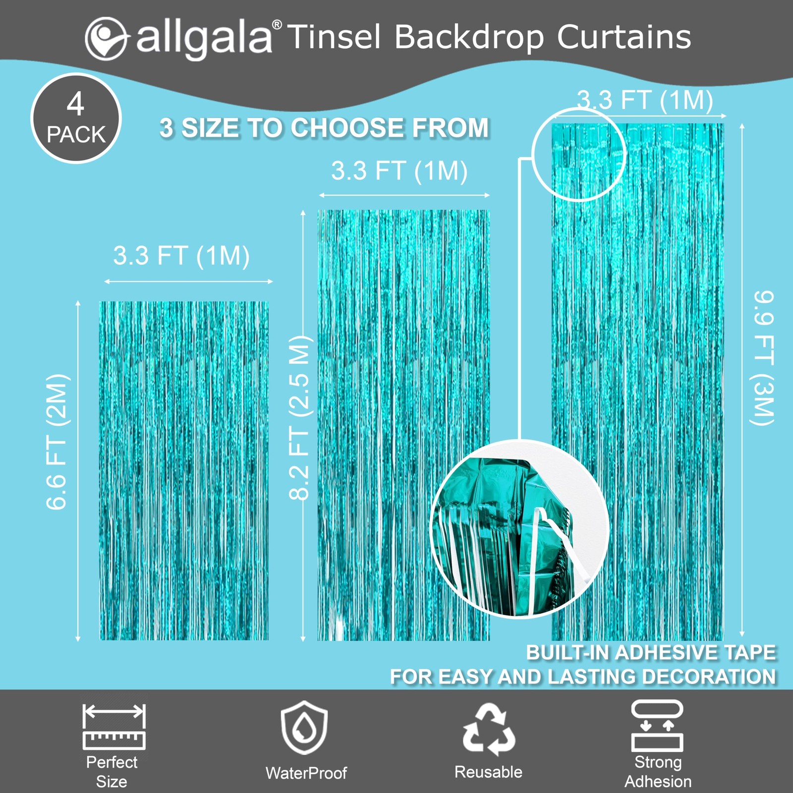 4 Pack Turquoise Tinsel Party Backdrop Curtain 3.3×8.2 FT Metallic Fringe Decor