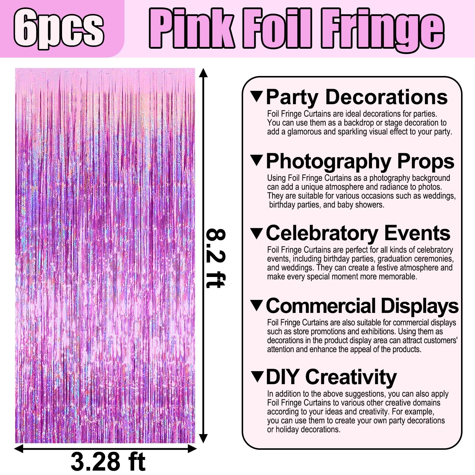 6 PCS Pink Foil Fringe Curtain Backdrop Metallic Tinsel Photo 3.28×8.2Feet