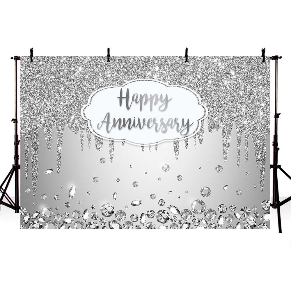 AIBIIN 7x5ft Happy Anniversary Backdrop Silver Dripping Glitter 7X5ft,