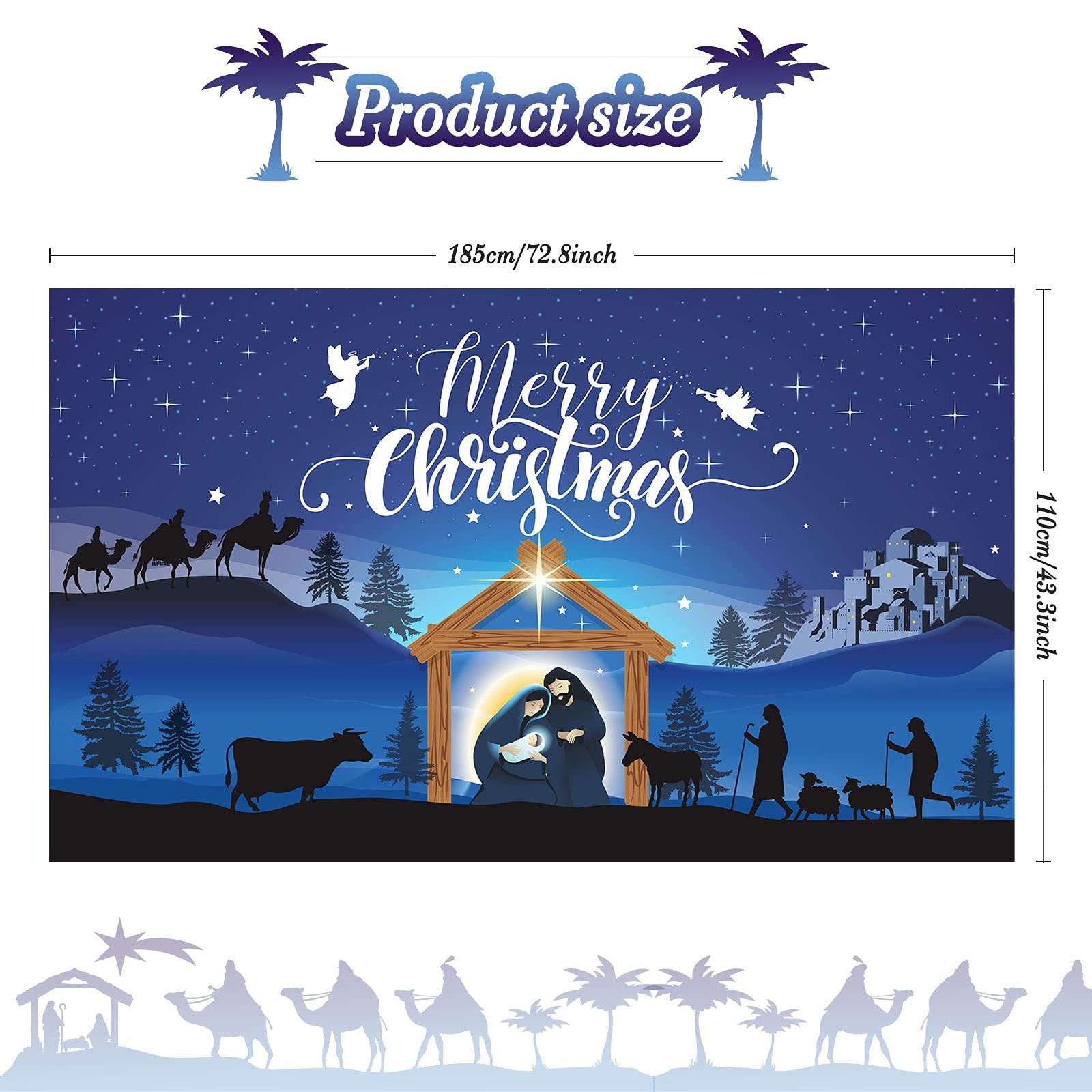 Merry Christmas Nativity Scene Banner – Large Blue Backdrop Large, Blue,White
