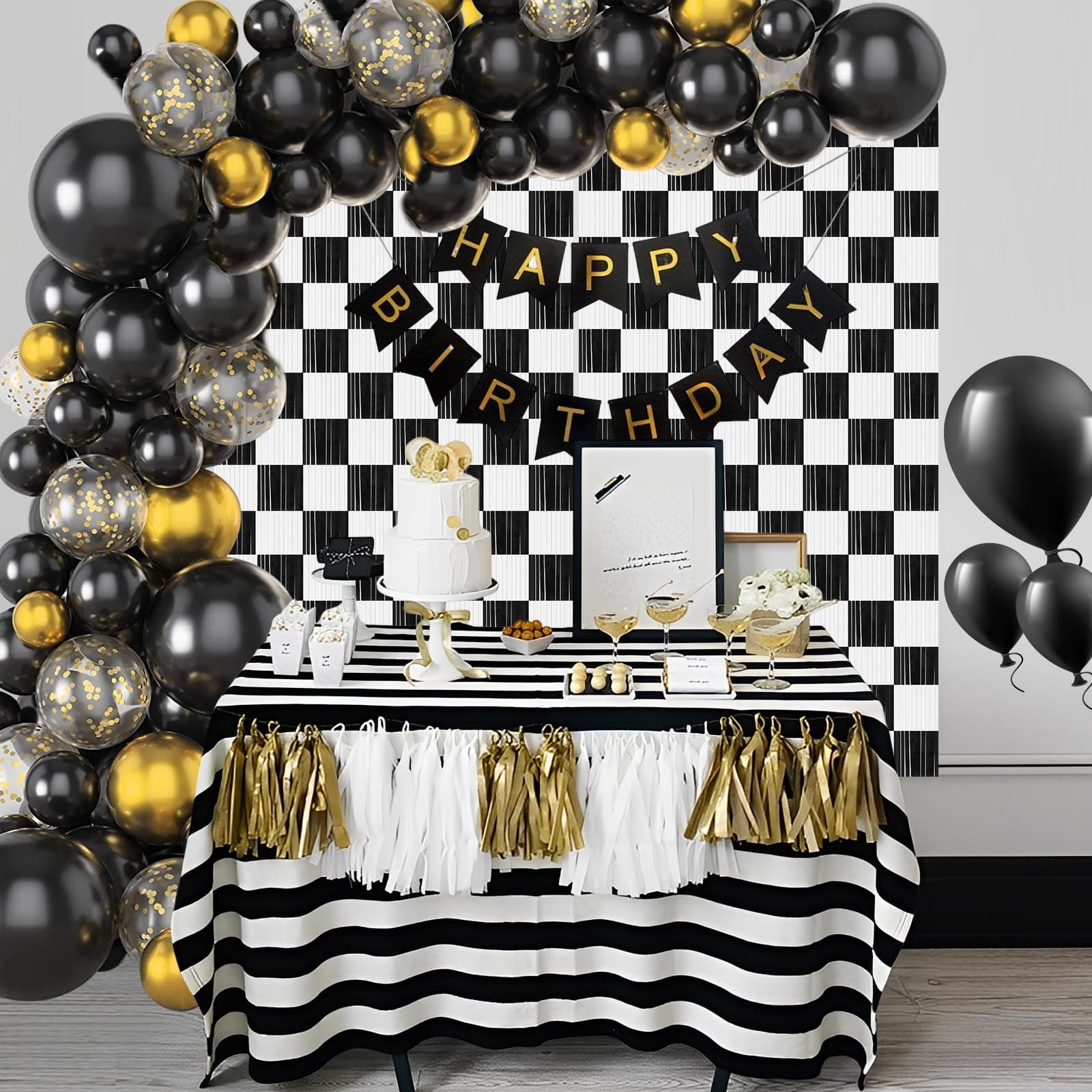 PintreeLand 2PCS Race Car Foil Fringe 3.28 Feet X 6.56 Feet, Black And White
