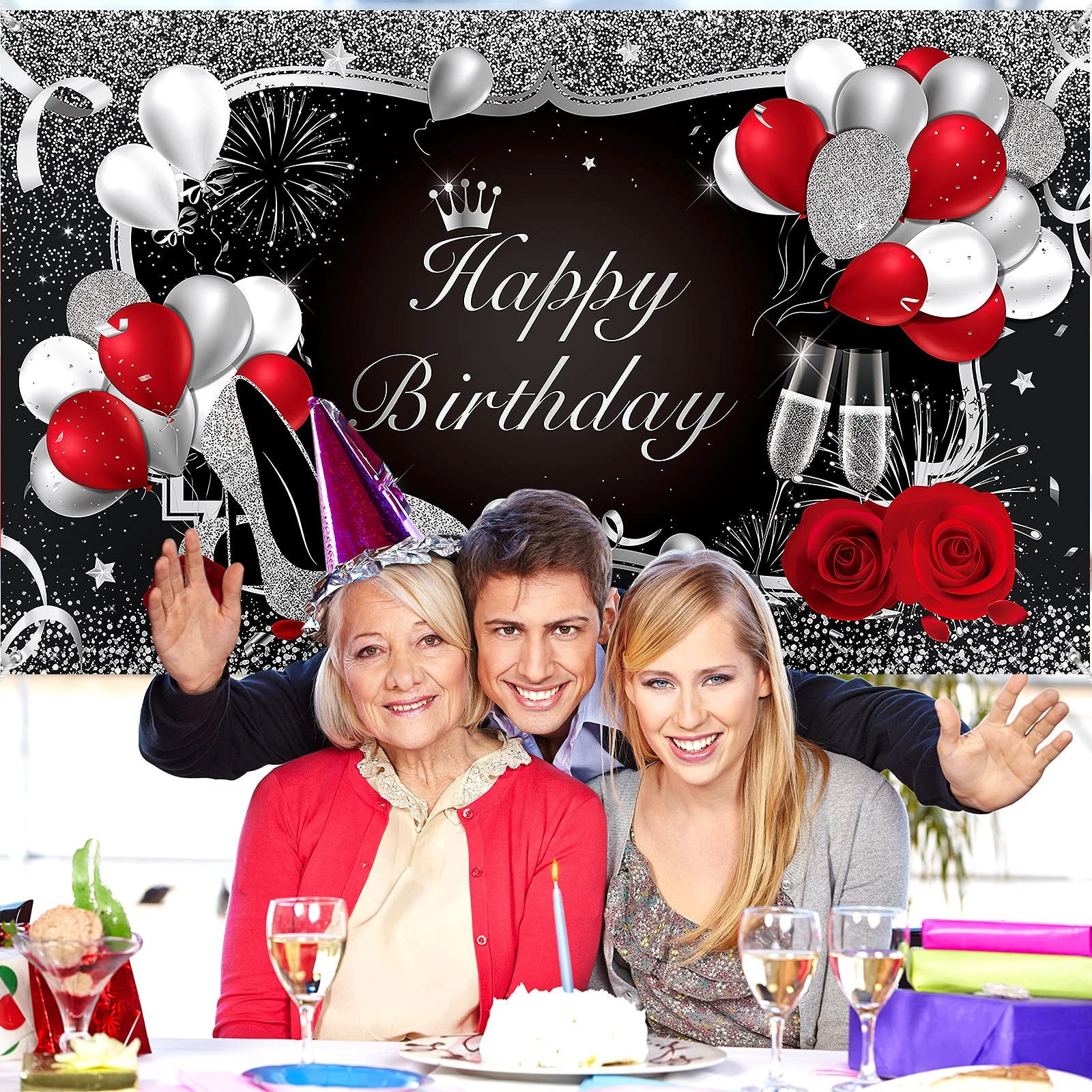 Irenare Happy Birthday Banner Red Backdrop Large, Rose