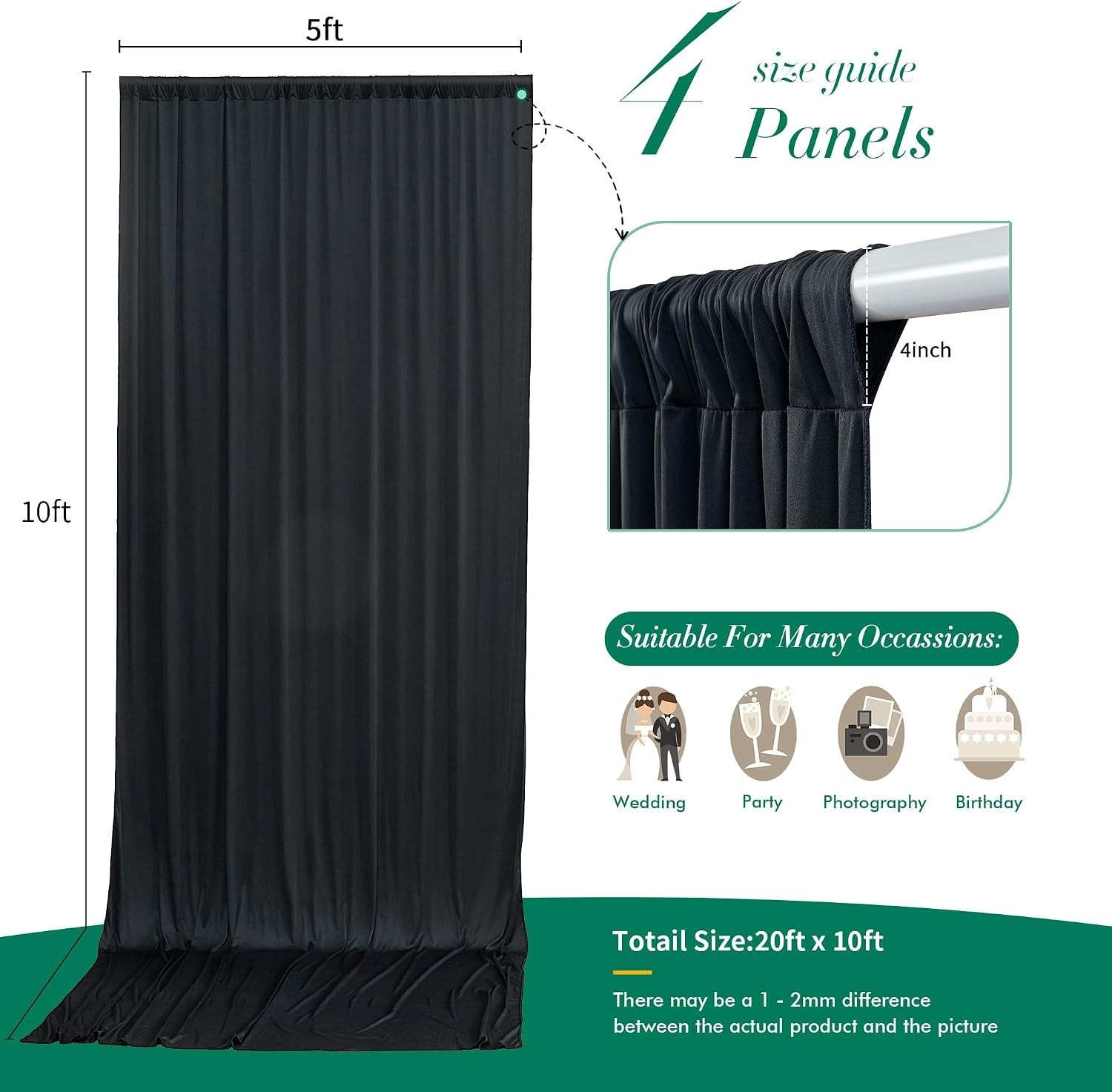 10x20ft Black Backdrop Curtain Set for Parties