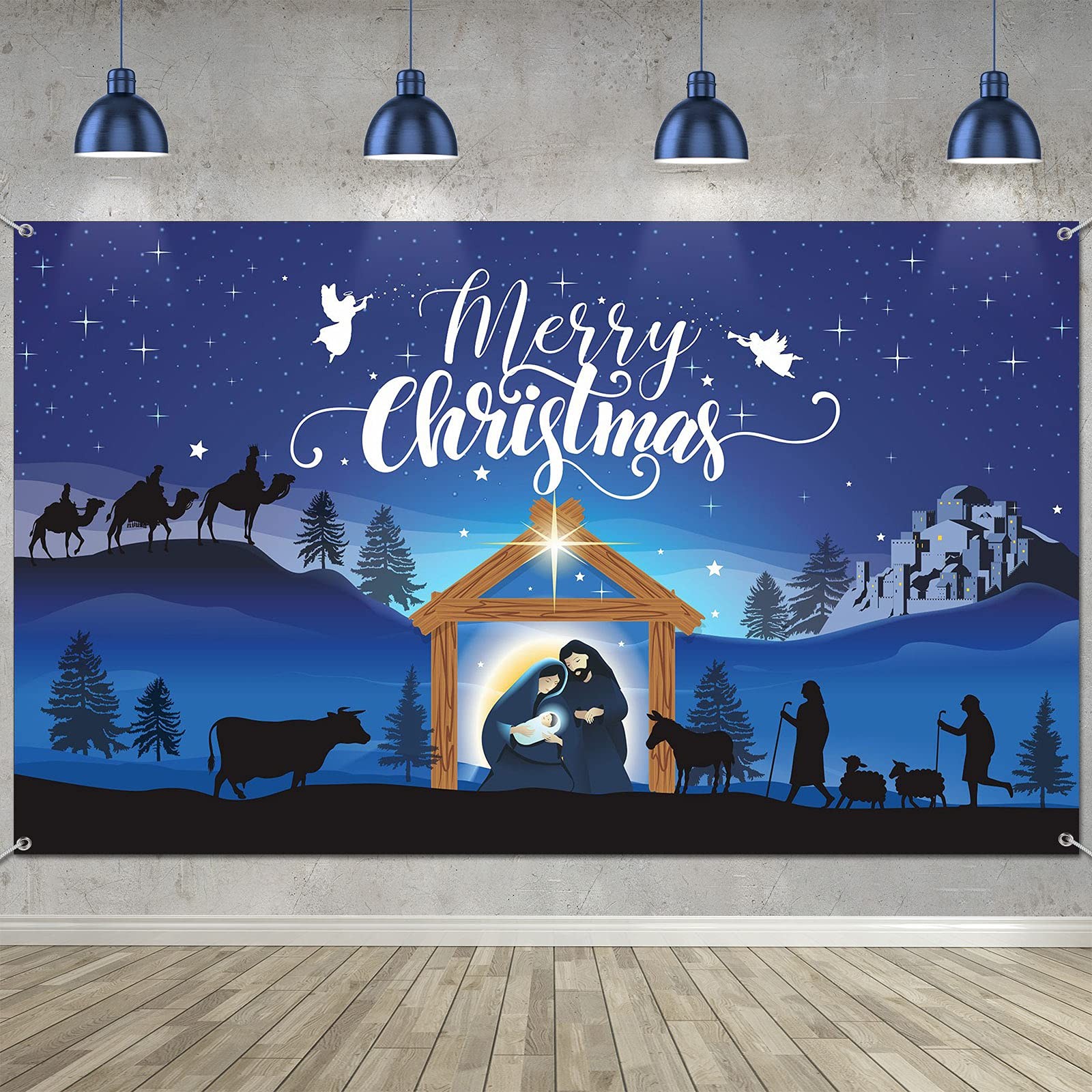 Merry Christmas Nativity Scene Banner – Large Blue Backdrop Large, Blue,White