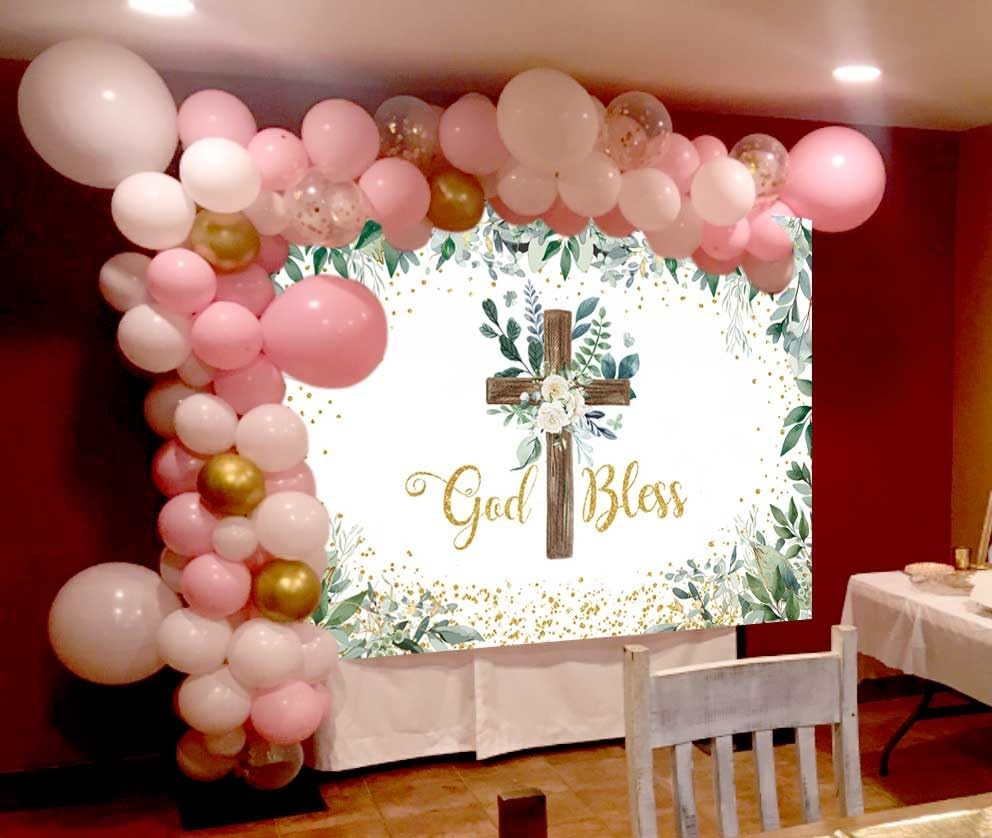 Eucalyptus God Bless Backdrop Greenery Wooden Cross Baptism Photography 8×6