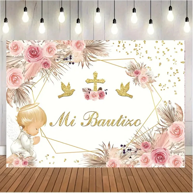 1pc Photography Background My Baptism God Bless Gold Cross Boho Party Backdrop