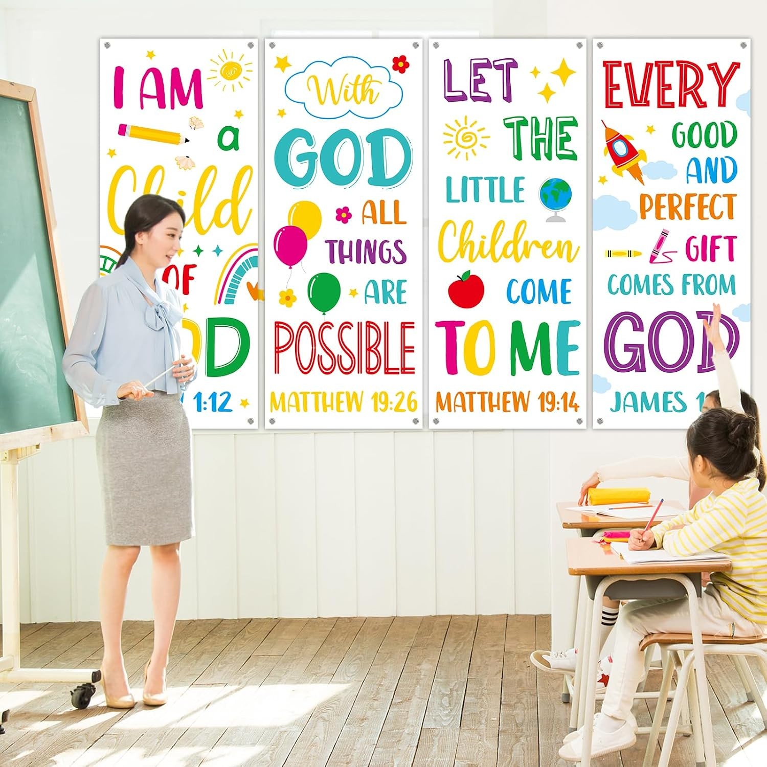 4PCS Church Banners with Scripture Religious Bible Verse Backdrops for Kids Chri