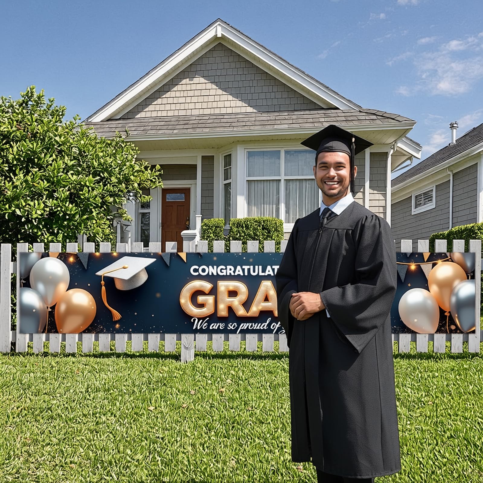 Graduation Banner 2026 Gold and Navy Blue Congrats Grad Banner Class of 2026 Dec