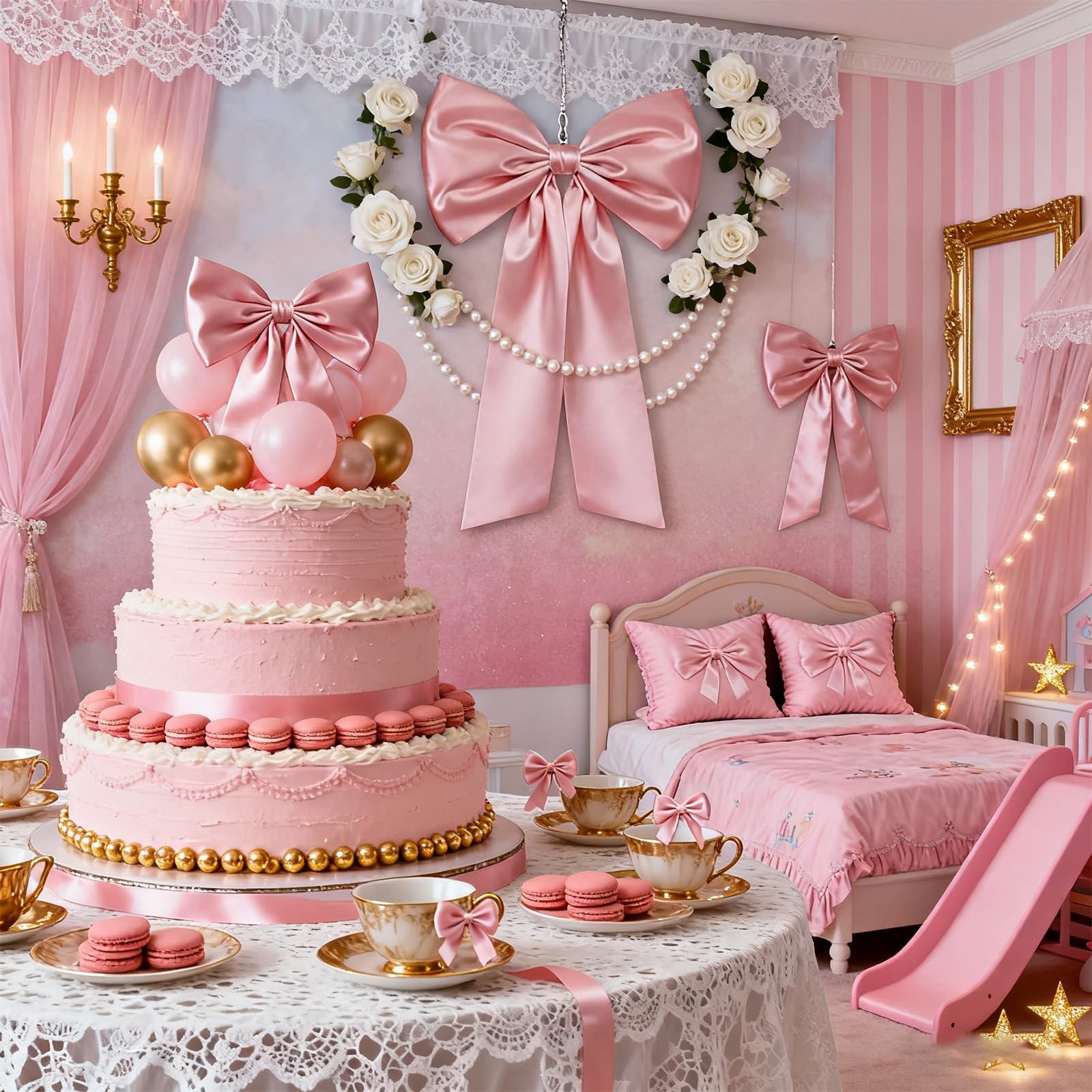 2 PCS Large Pink Bow Decoration For Backdrop Satin Ribbon Tie 25.6×41.3 Inch