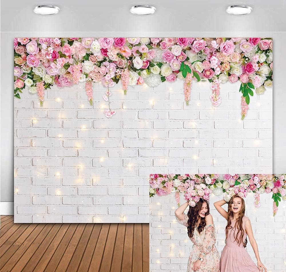 8x6FT Flower Wall Backdrop Glitter White Brick Spring Theme Photo Booth Prop