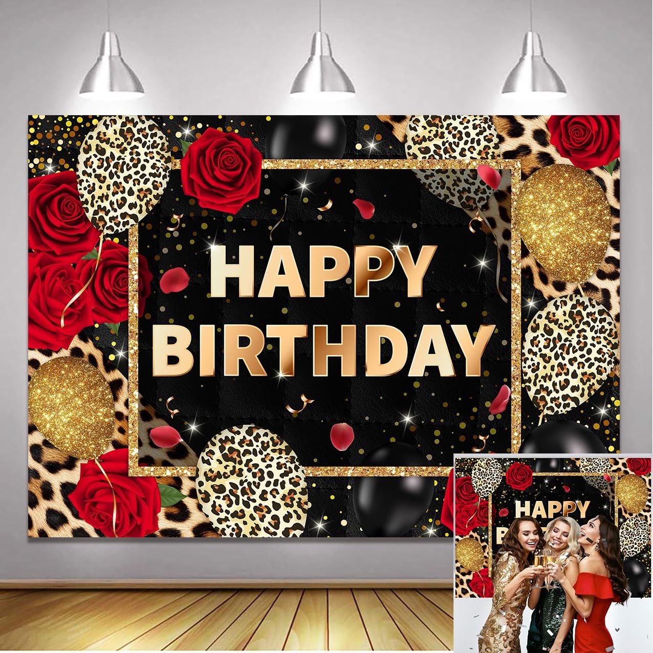 7x5ft Leopard Print Happy Birthday Backdrop Black 7x5ft, red, brown, black