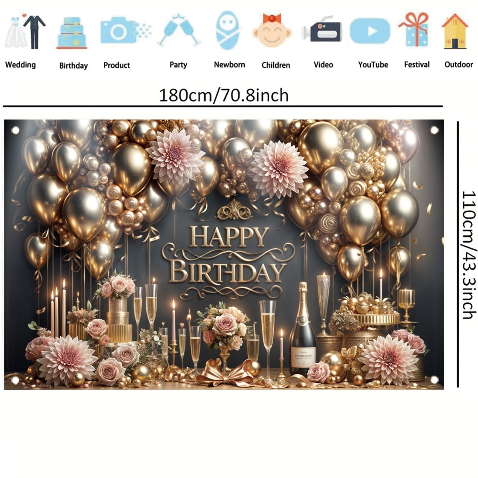 Starlit Patio Luxury Happy Birthday Backdrop Black Gold Party Decoration Elegant