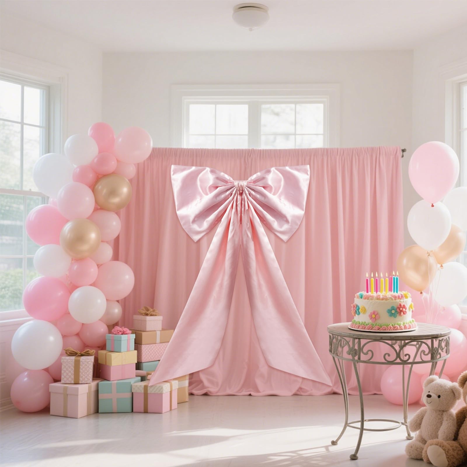 2 PCS Large Pink Bow Decoration For Backdrop Satin Ribbon Tie 25.6×41.3 Inch