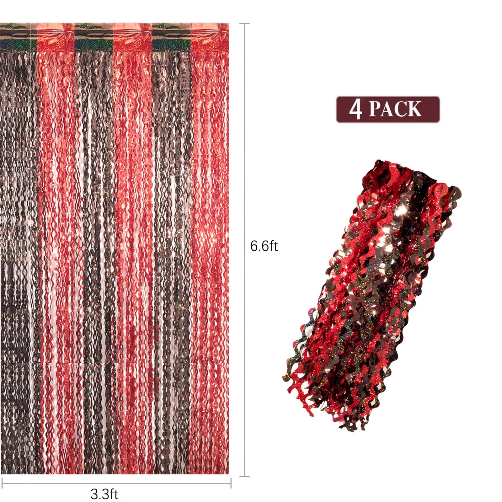 Red Black Foil Fringe Backdrop Curtains 4 PCS 3.3×6.6ft Wavy Tinsel Streamer