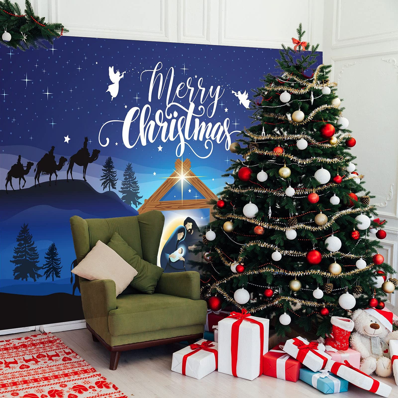 Merry Christmas Nativity Scene Banner – Large Blue Backdrop Large, Blue,White