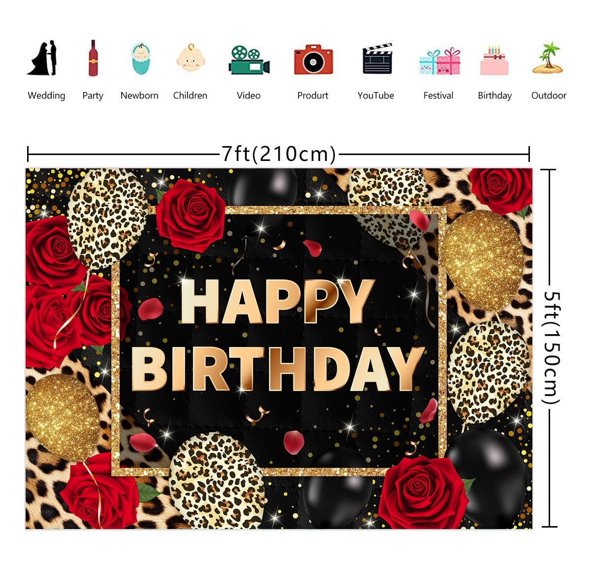 7x5ft Leopard Print Happy Birthday Backdrop Black 7x5ft, red, brown, black