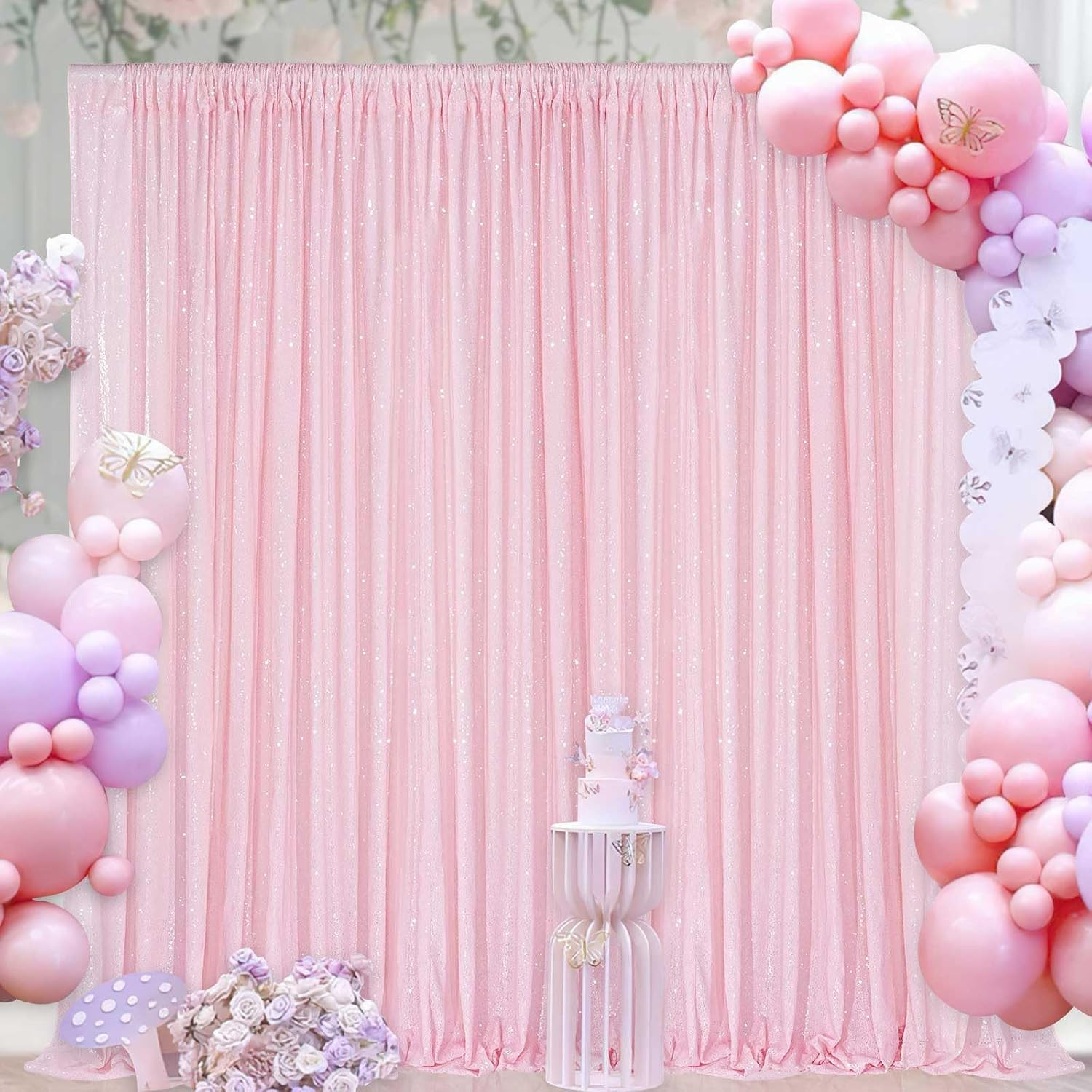 Pink Sequin Backdrop Curtain 8ft x 8ft Baby Shower Backdrop Drapes for Princess