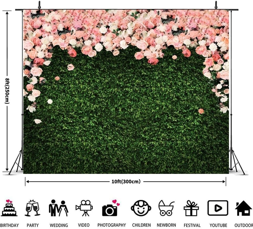 Greenery Backdrop 10x8ft Flowers Spring Green Leaves Grass Wall Pink Floral R…