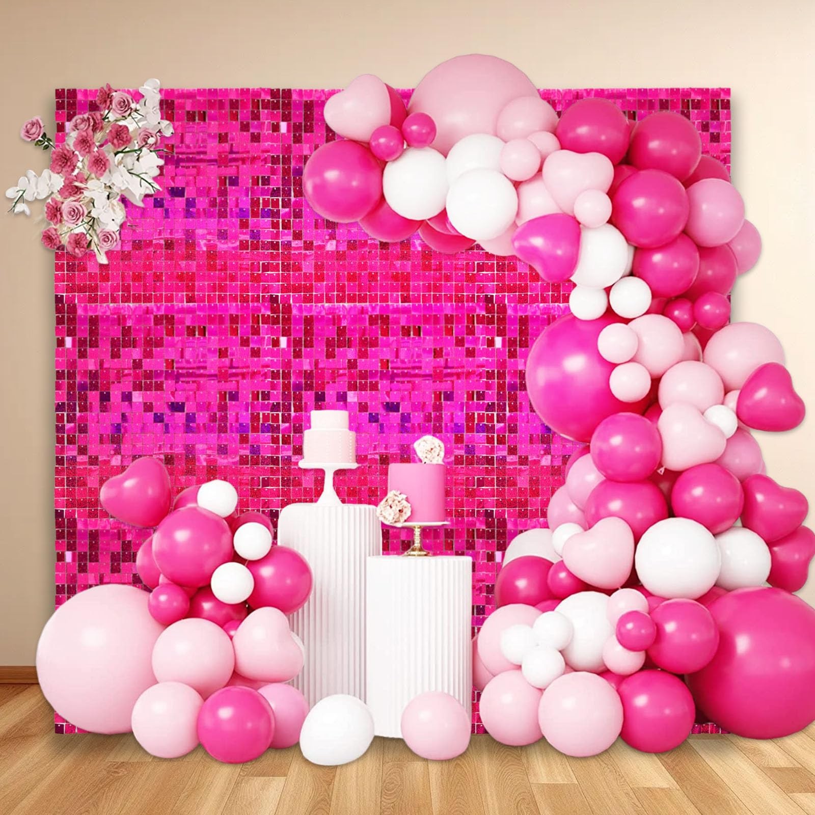 48 PCS Hot Pink Shimmer Wall Backdrop, Laser Square Sequin