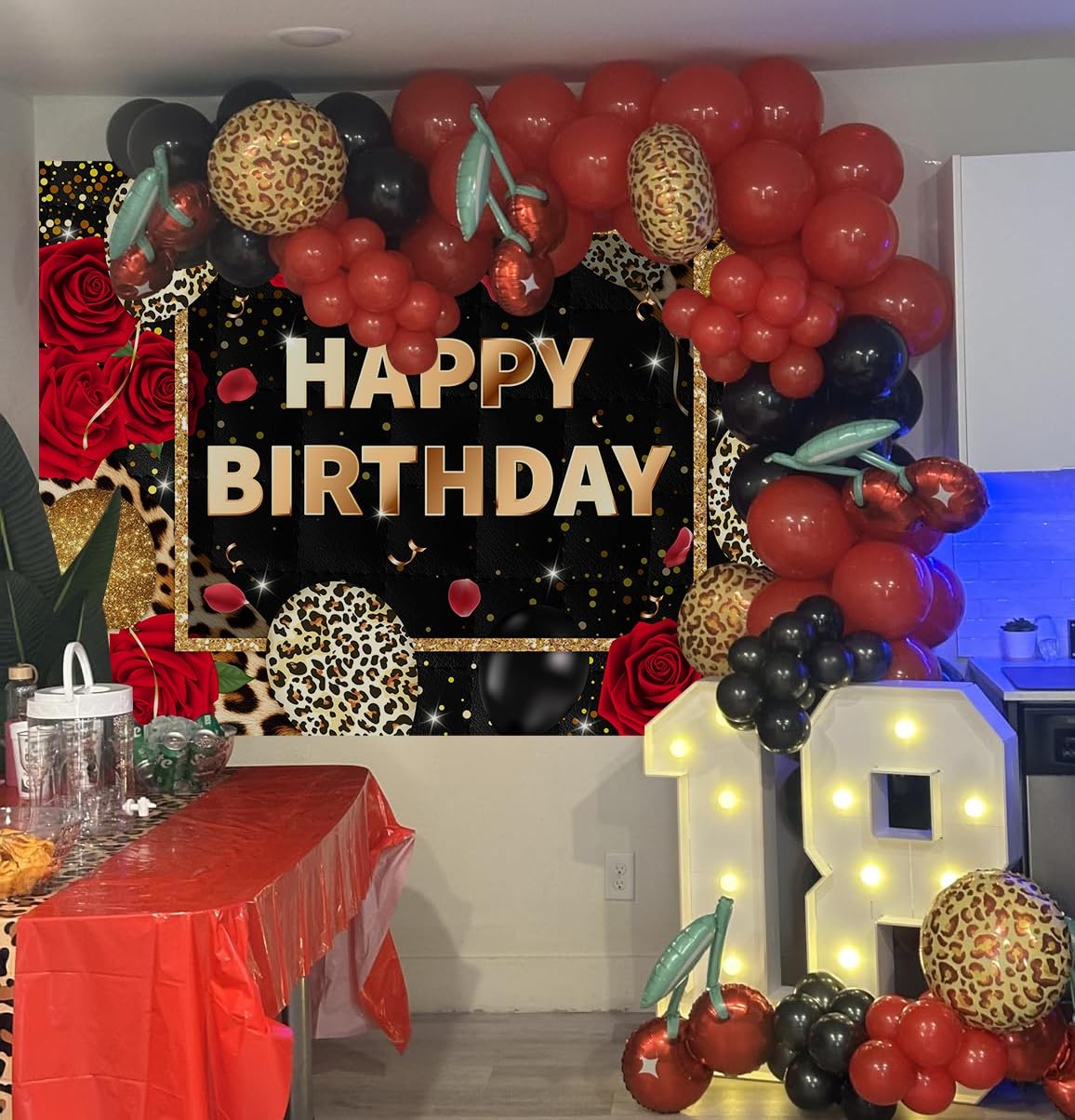 7x5ft Leopard Print Happy Birthday Backdrop Black 7x5ft, red, brown, black
