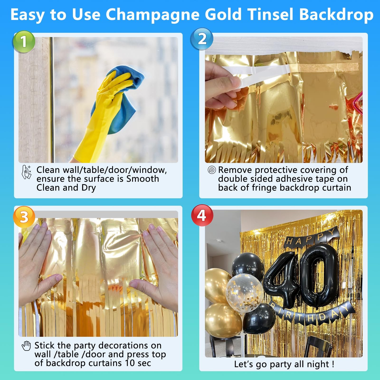 JEBUTU Gold Foil Fringe Backdrop Curtains 2 Pack 3.3×8.2 Ft Tinsel Streamer