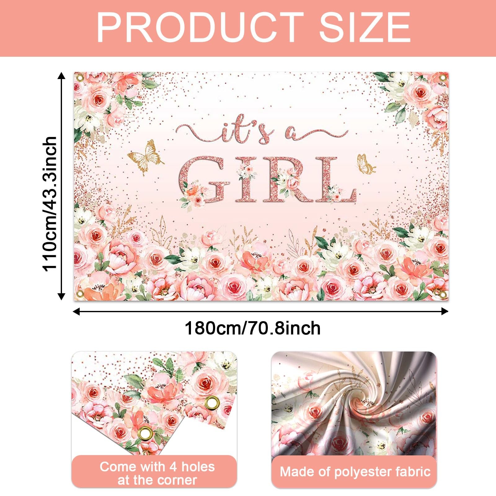 Girl Baby Shower Backdrop Banner Rose Gold It’s a Girl Baby Shower Decorations..