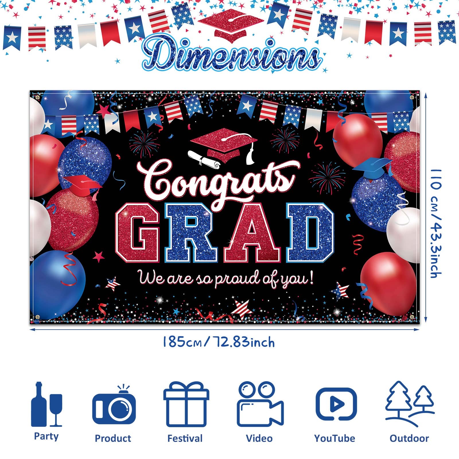 Graduation Party Backdrop Decoration Congrats Grad Backdrop Banner Red and Bl…