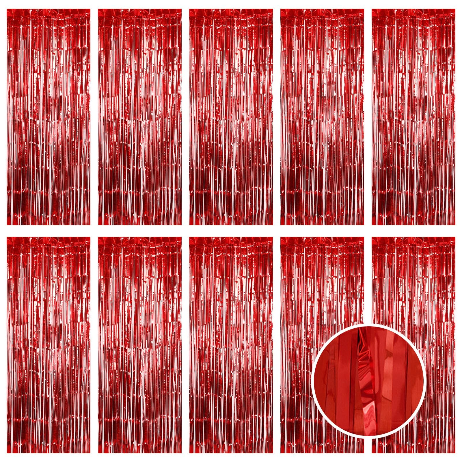 10 PCS Red Tinsel Foil Fringe Curtain Backdrop 3.2×9.8 Ft Photo Booth Decor