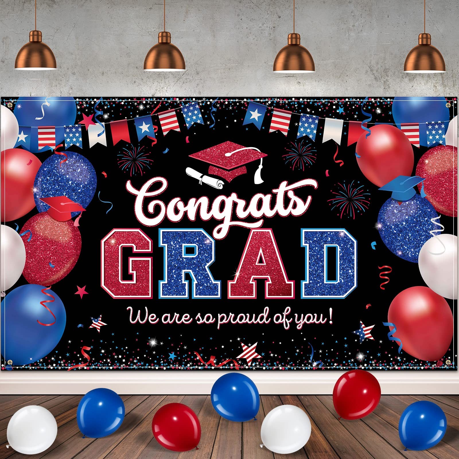 Graduation Party Backdrop Decoration Congrats Grad Backdrop Banner Red and Bl…