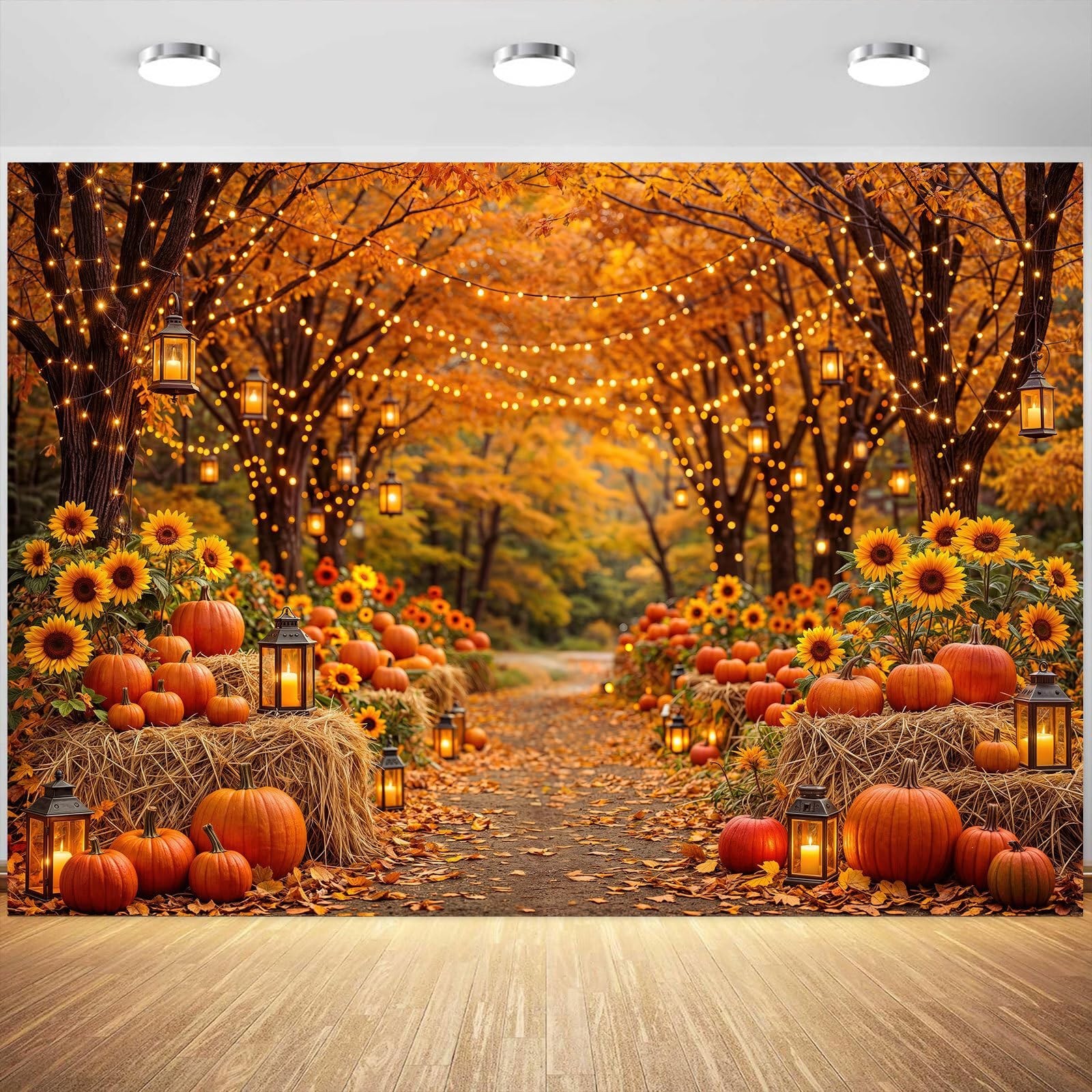 Autumn Forest Photo Backdrop 7×5 ft – Fall Harvest Pumpkins, Sunflowers & Leaves