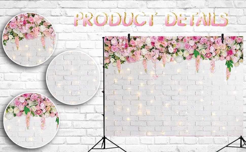 8x6FT Flower Wall Backdrop Glitter White Brick Spring Theme Photo Booth Prop