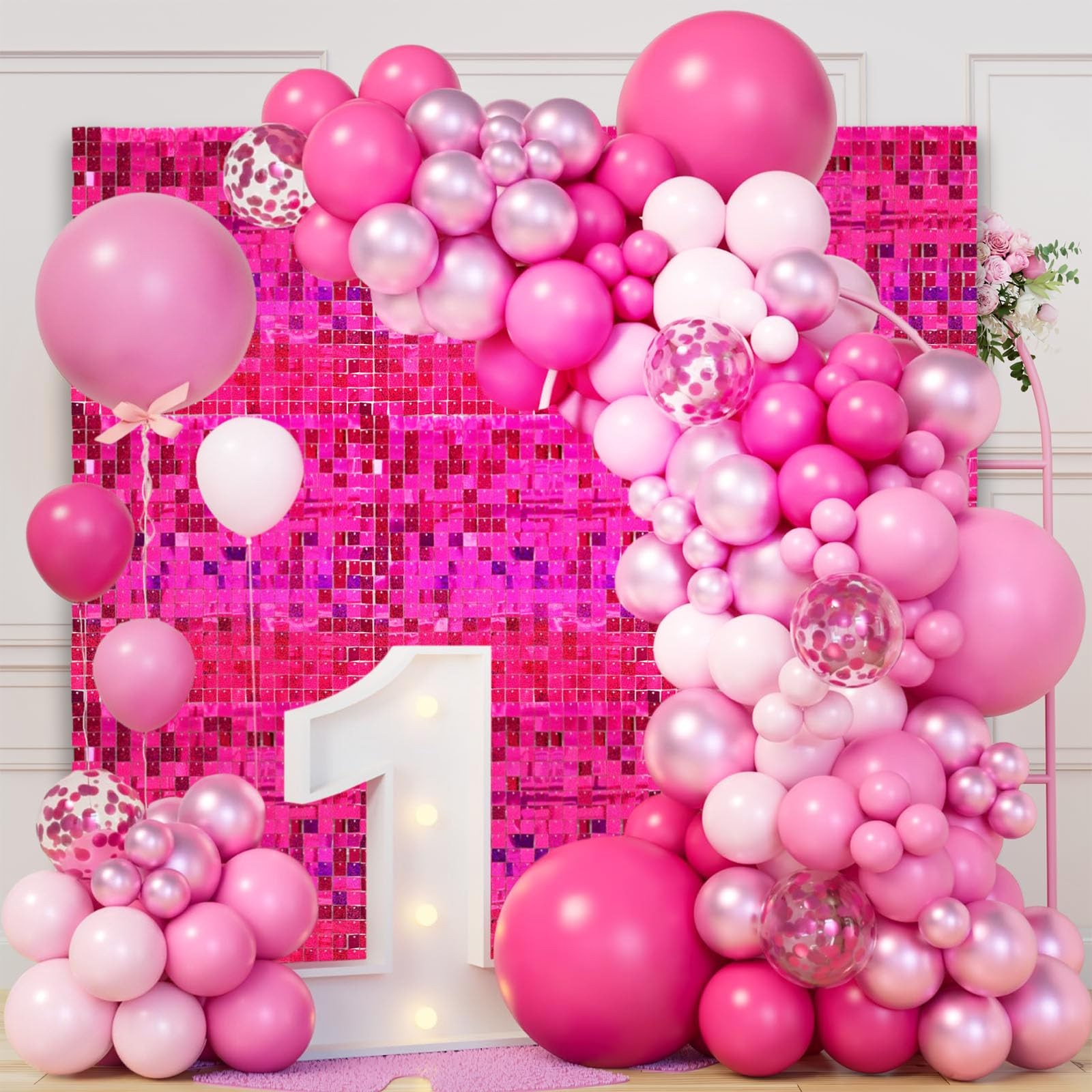 48 PCS Hot Pink Shimmer Wall Backdrop, Laser Square Sequin