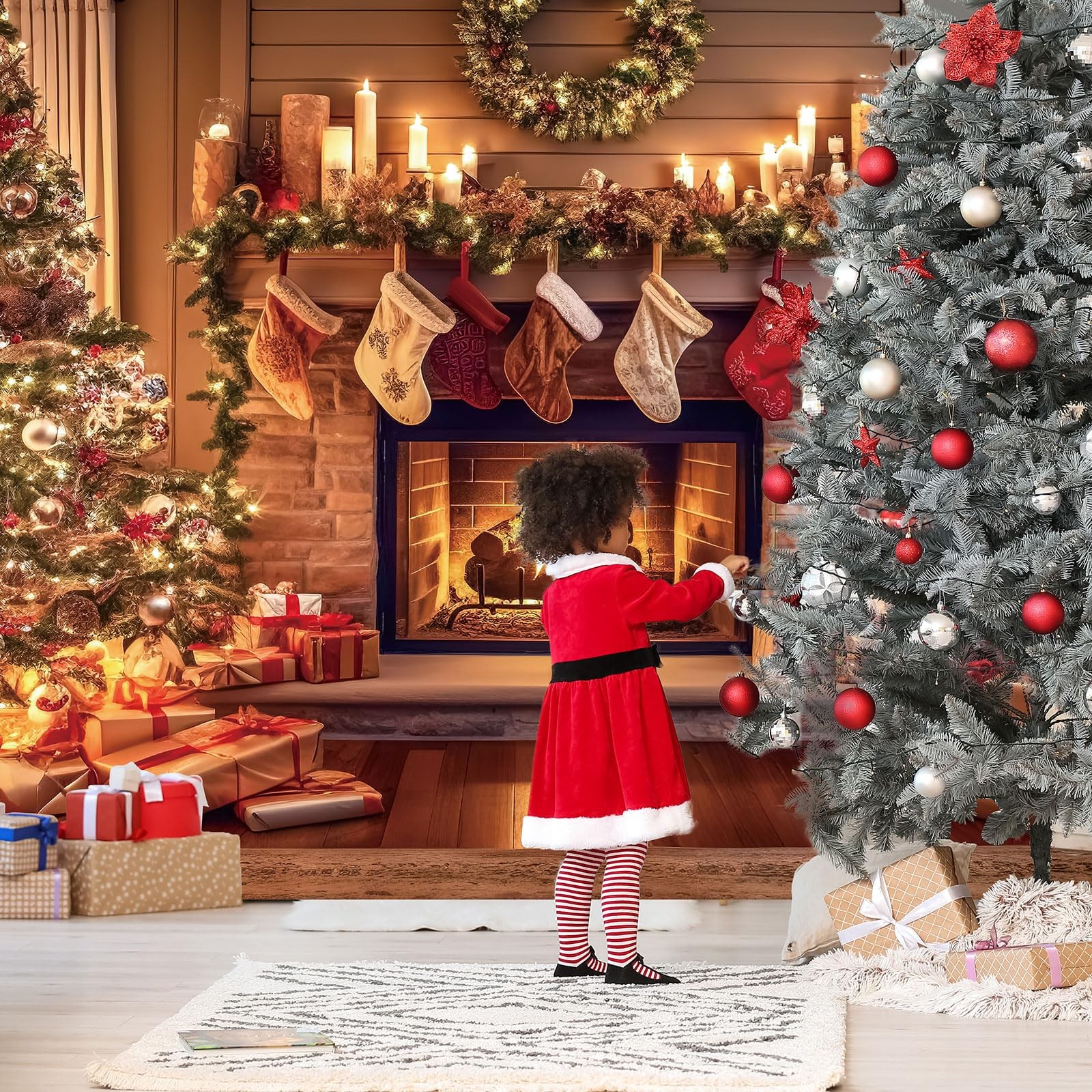 Christmas Fireplace Backdrop Christmas Xmas Tree Stocking Polyester Backgroun…