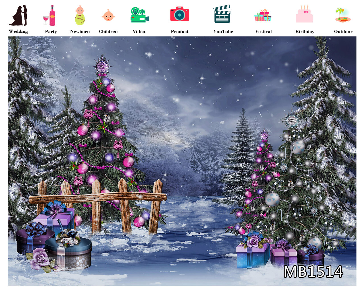 Winter Snow Forest Backdrop Purple Christmas Ball Gifts Background Studio Props