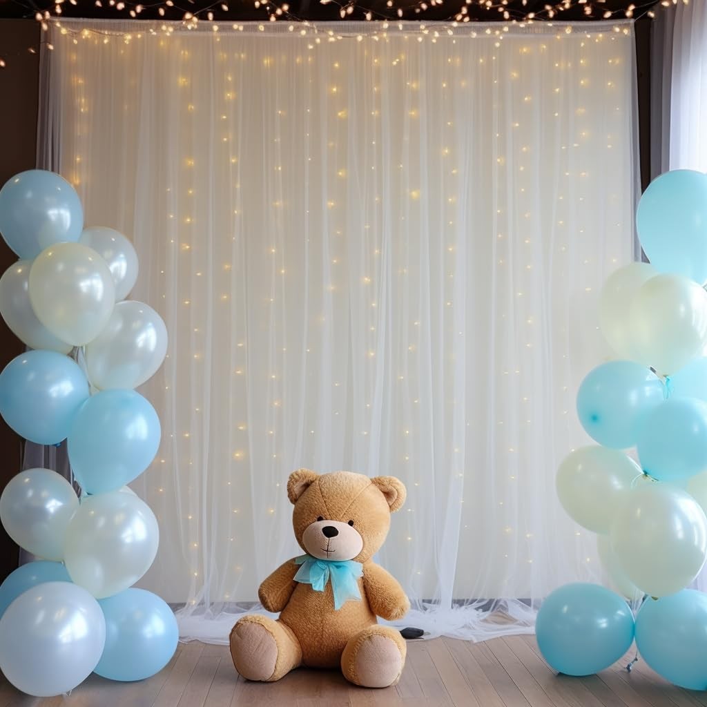 10x10ft White Tulle Backdrop Curtain with Lights String for Parites
