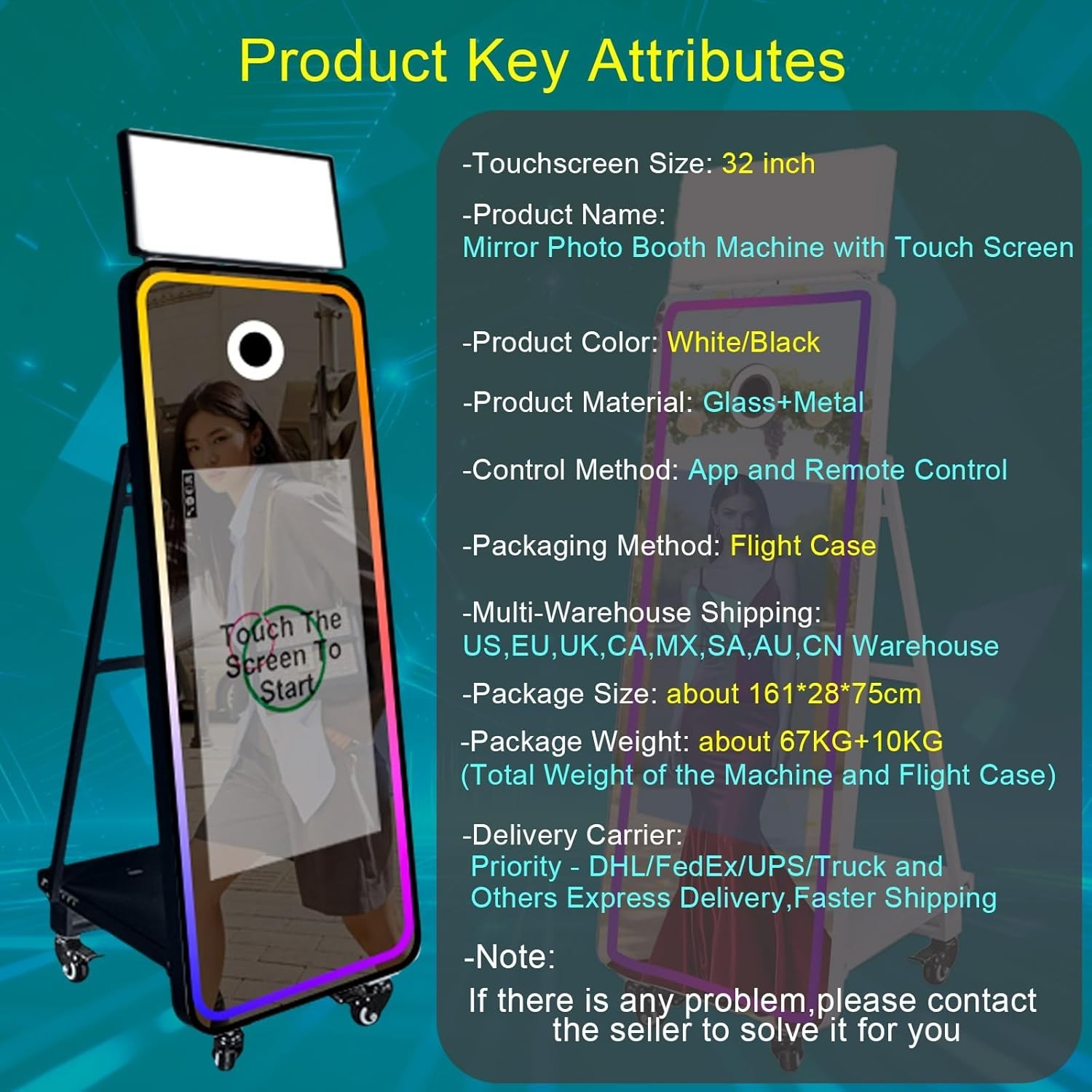 63” Mirror Photo Booth,32” Interactive Touch Screen with Square Light and RGB