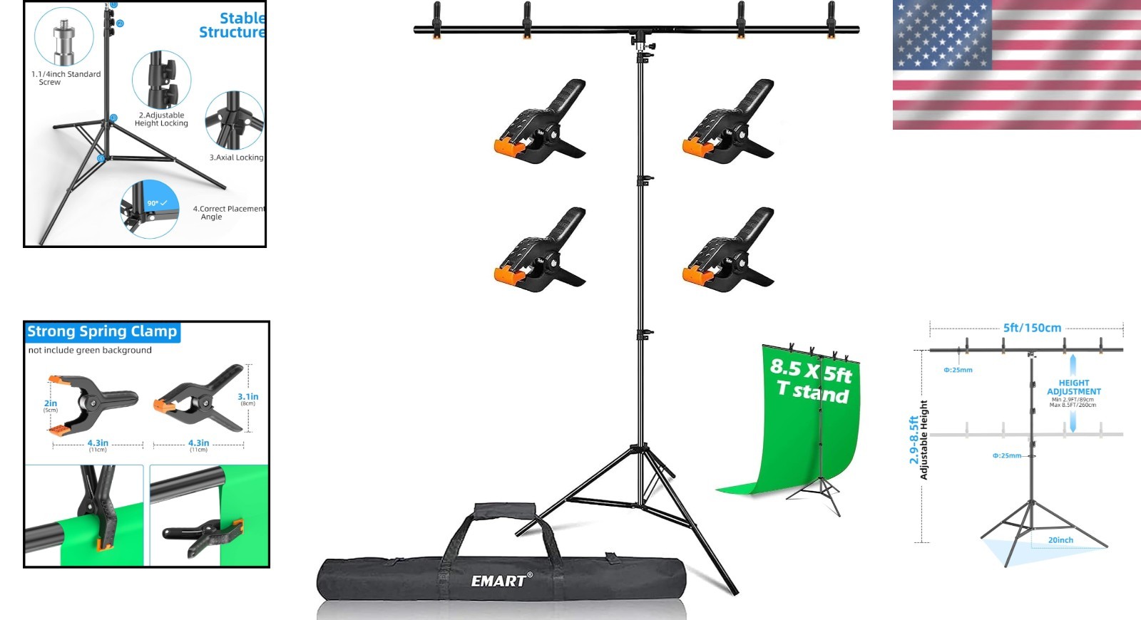 Lightweight 8.5ft Backdrop Stand with 4 Spring Clamps – Easy Set Up & Transport