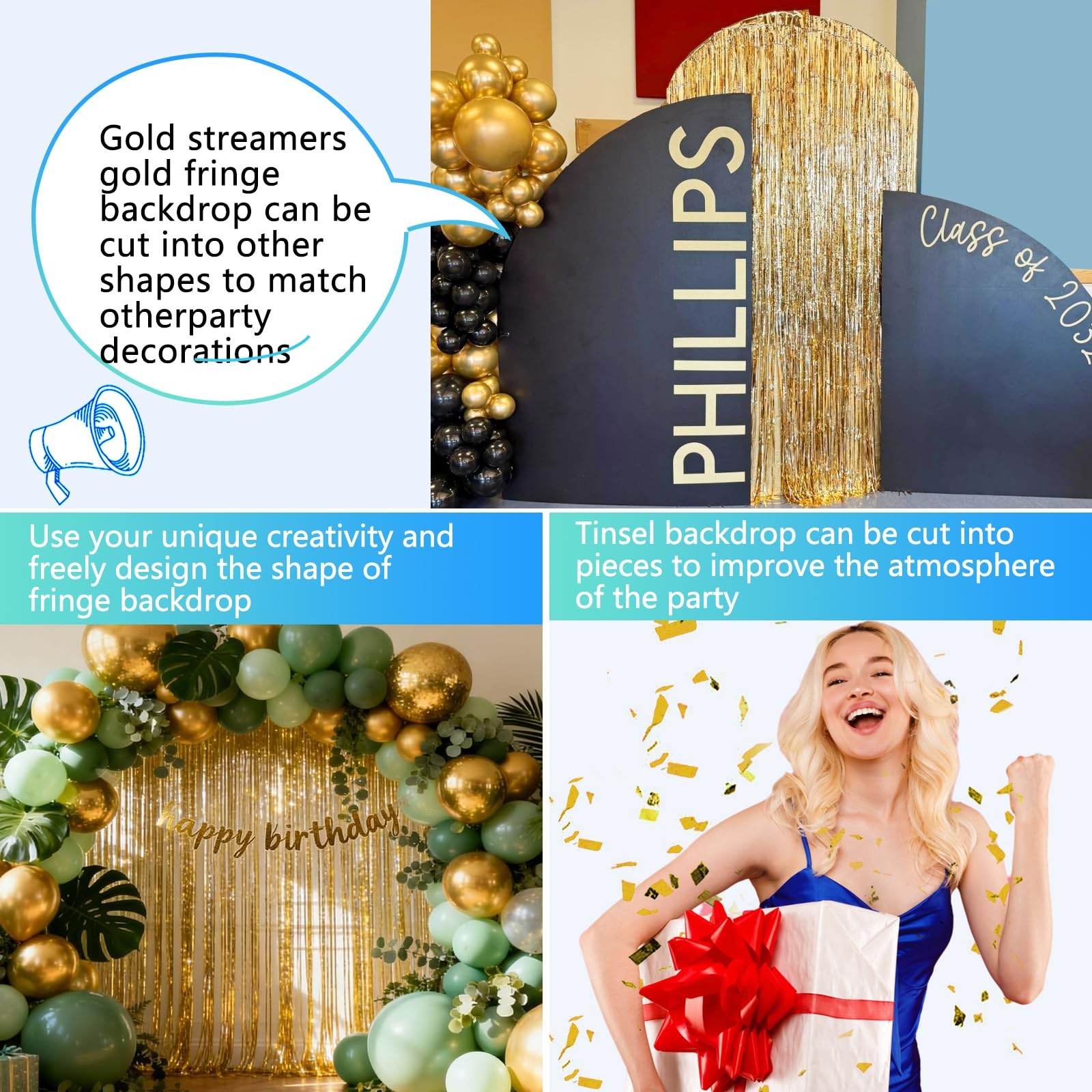 JEBUTU Gold Foil Fringe Backdrop Curtains 2 Pack 3.3×8.2 Ft Tinsel Streamer