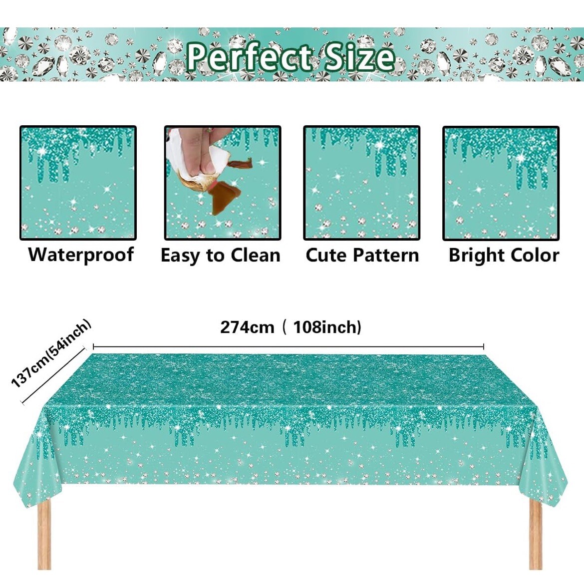XCKALI Teal Blue Birthday Backdrop and Tablecloth Kit Glitter Teal Blue Diamond