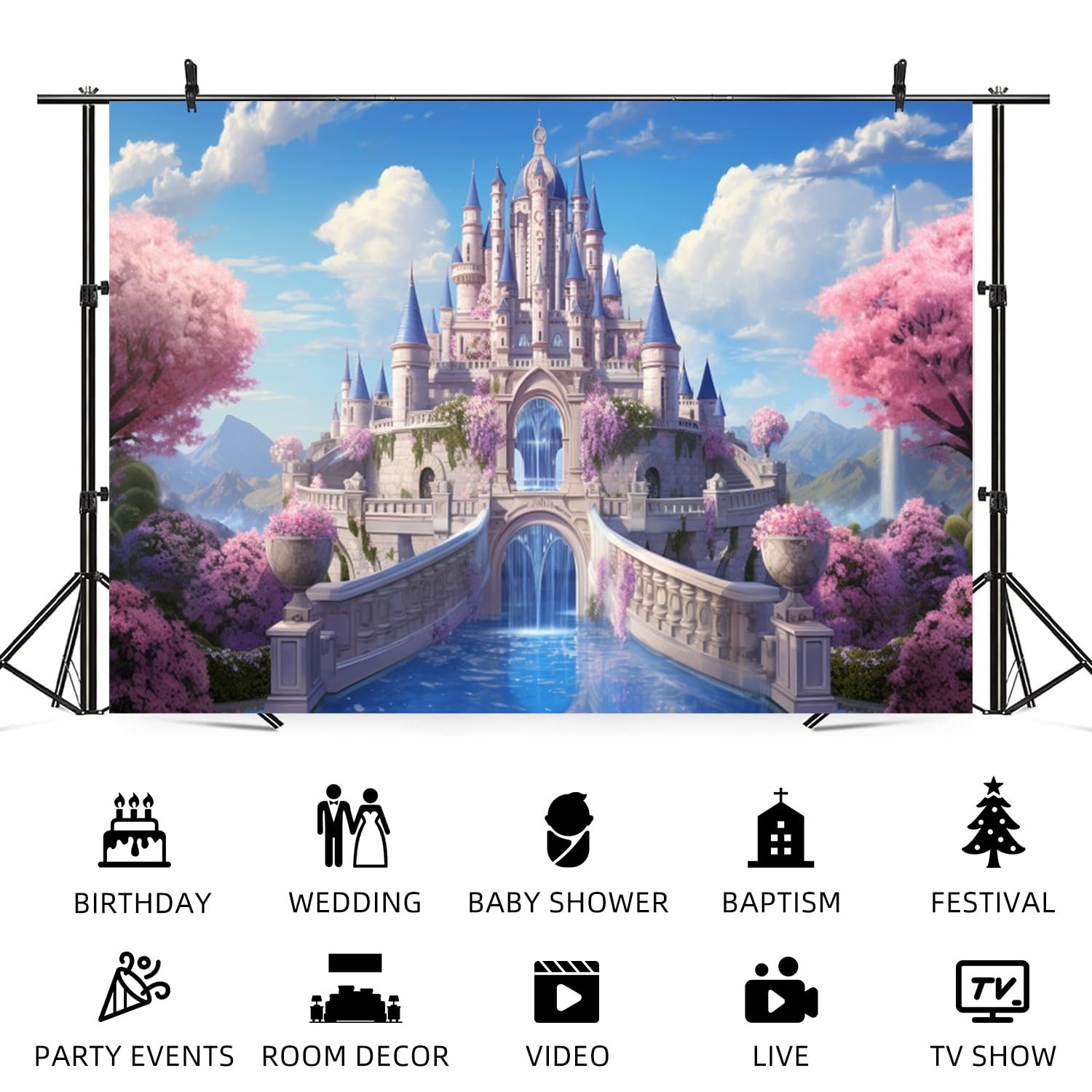 15x10ft Princess Castle Backdrop Pink Floral Blue Sky Photography Background …