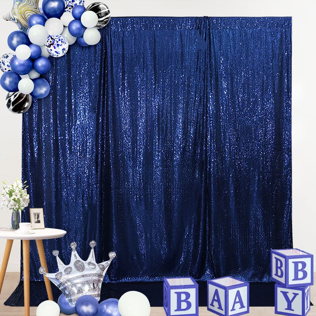 7x7ft Navy Blue Sequin Backdrop, High Density Non-Transparent Glitter Curtain…