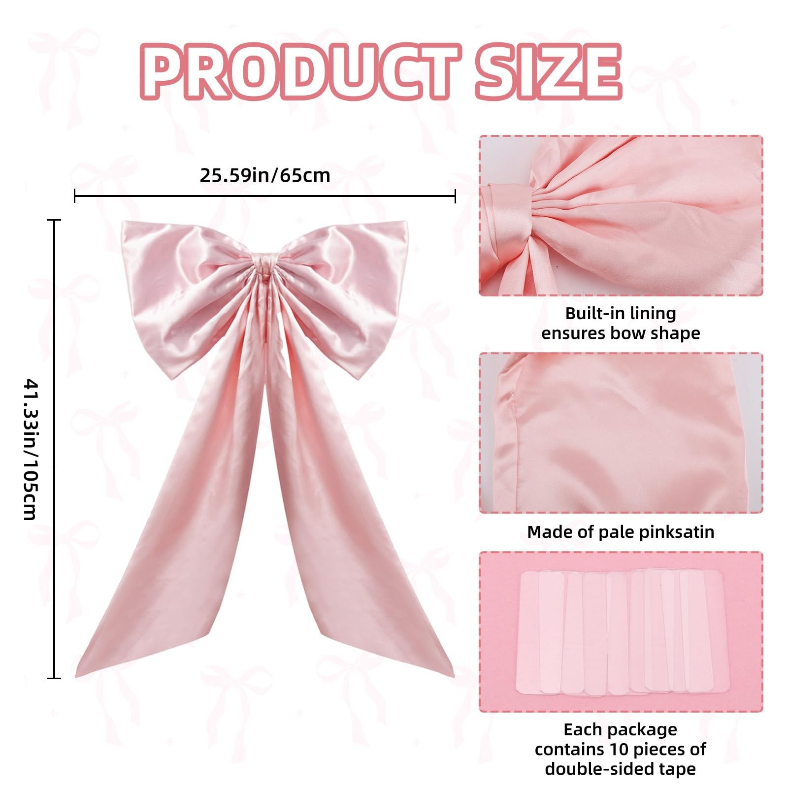 2 PCS Large Pink Bow Decoration For Backdrop Satin Ribbon Tie 25.6×41.3 Inch