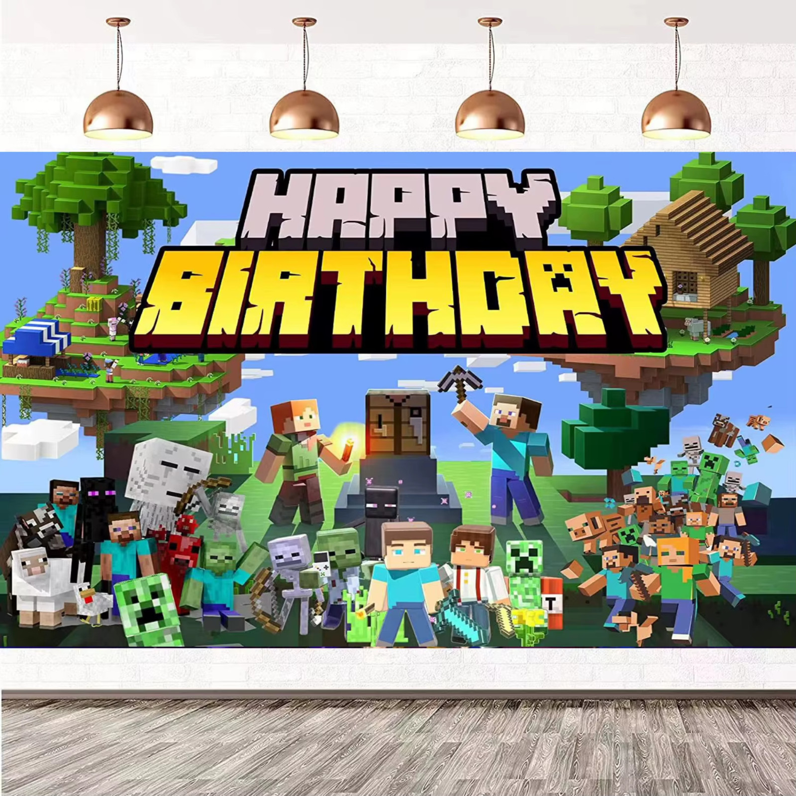 Minecraft Theme 5×3 Foot Happy Birthday Photo Backdrop Banner