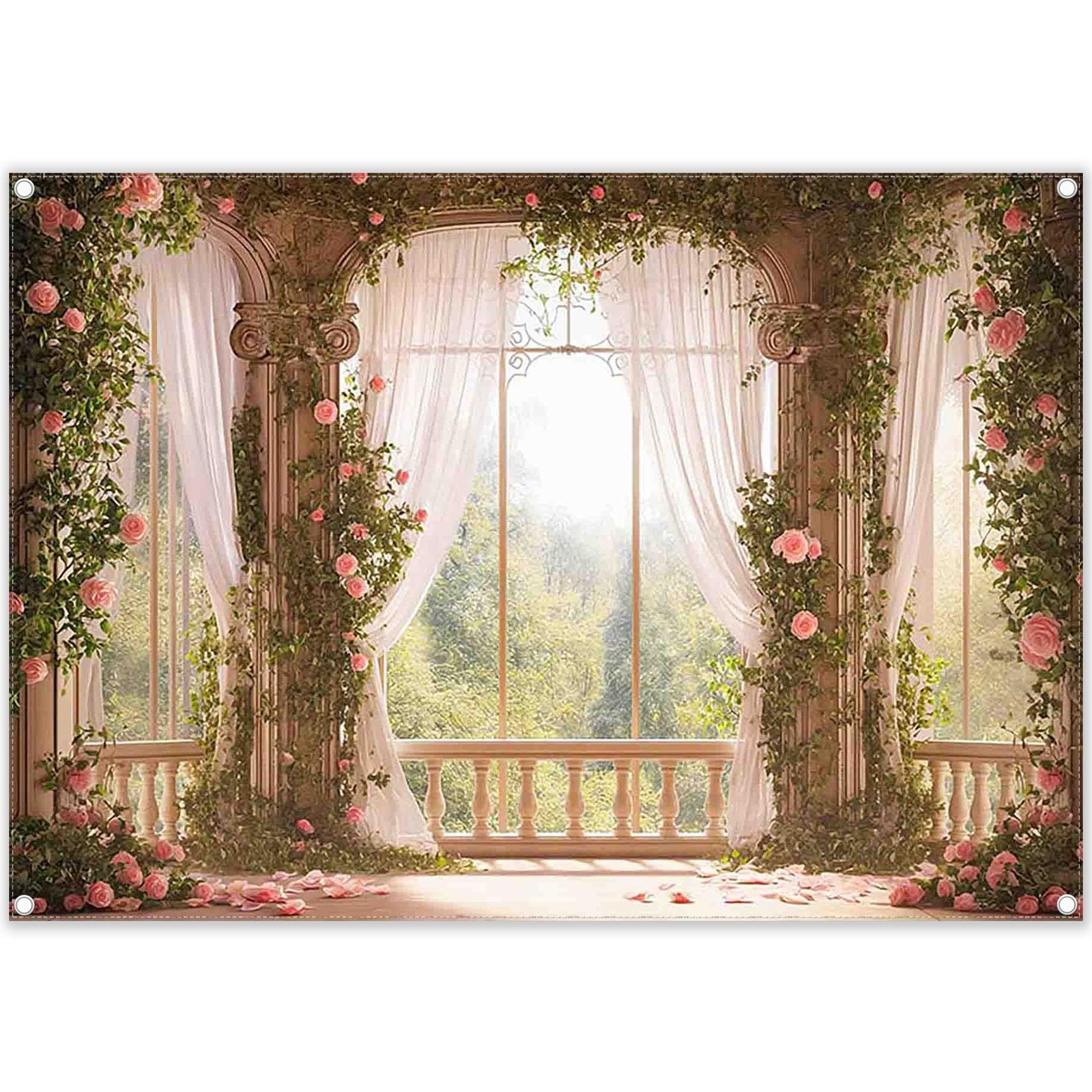 7x5ft Fabric Spring Window Scenery Photography Backdrop Pink Floral Green For…